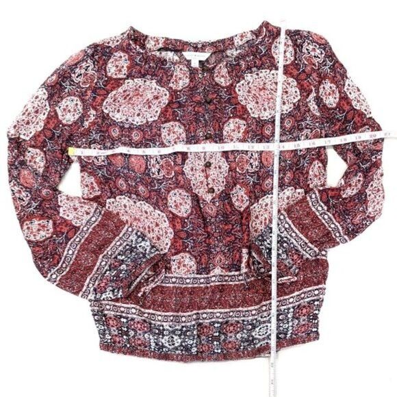 Lucky Brand Peasant Blouse Red Geometric Boho 70s Influenced Retro Button XS - Picture 8 of 8